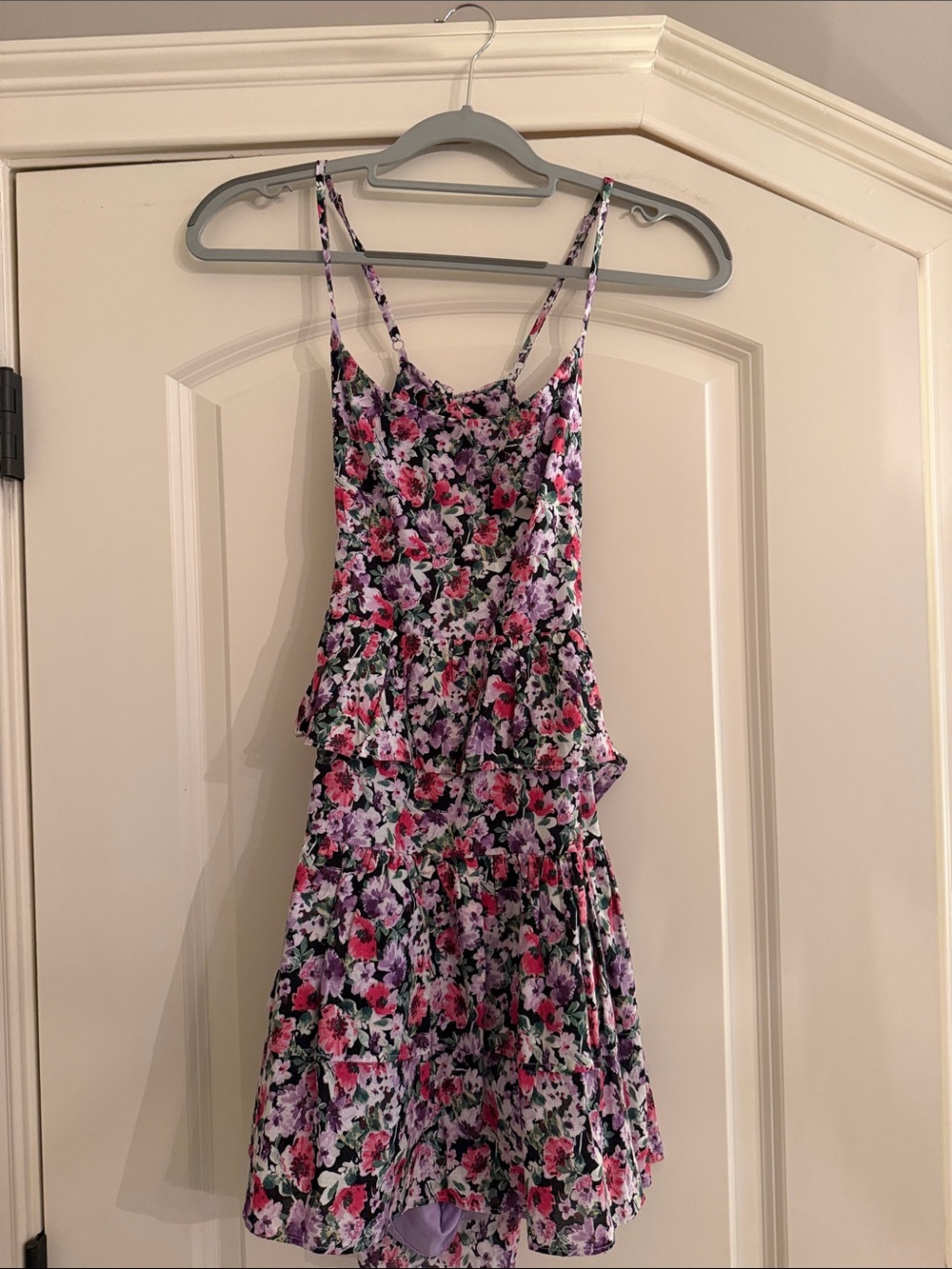 vestique Floral Tiered Mini Dress in Pink, Purple, Black